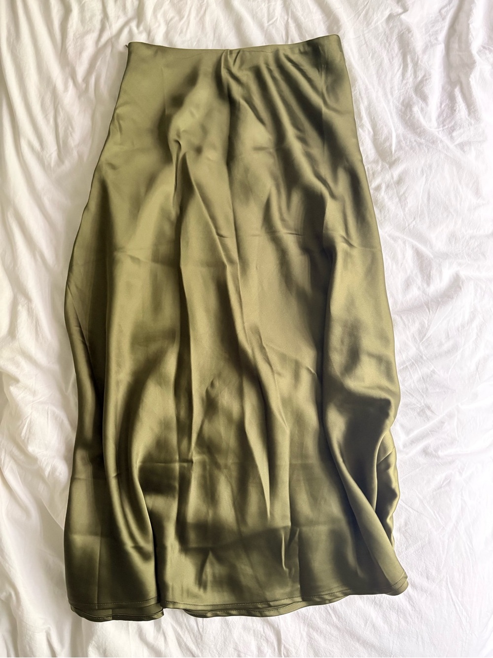 Olive Satin Midi Skirt